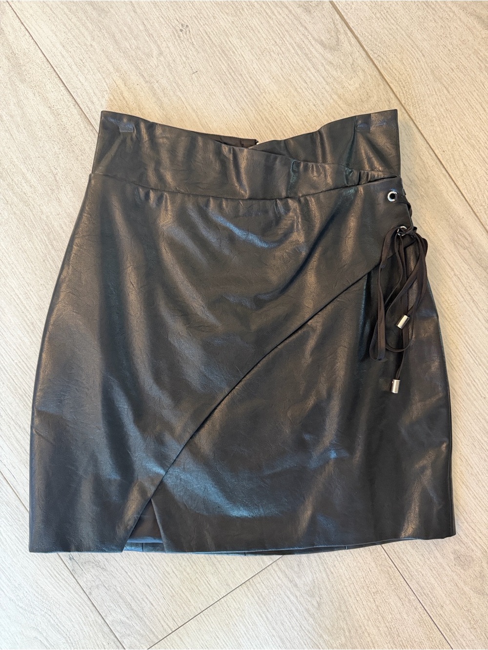 MAJORELLE Black Faux Leather Wrap Mini Skirt